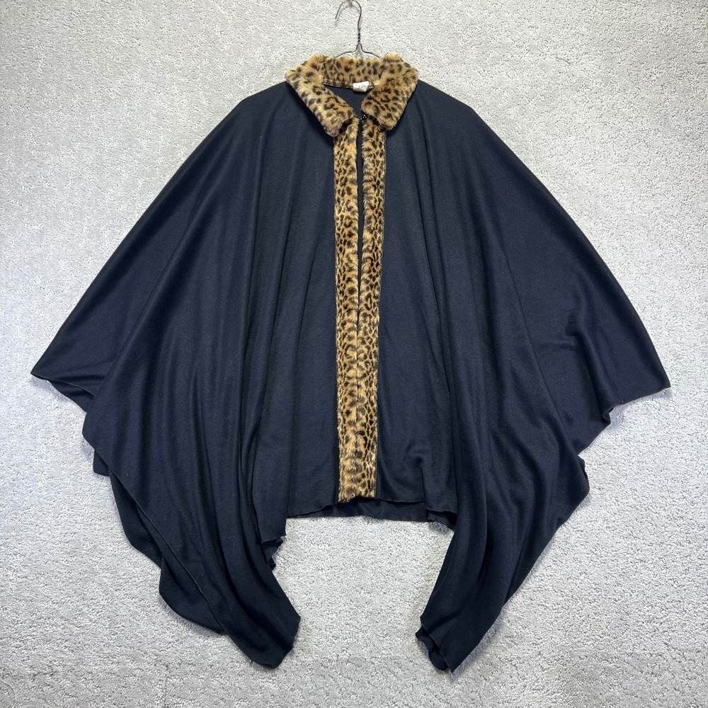 VINTAGE Glentex  Poncho Cape Leopard Faux‎ Fur Trim Collar Made in USA One Size